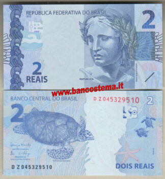 Brazil_flag Banconota Brasile 2 Reais (2017) unc statua della Repubblica - tartaruga marina - coralli - stella marina - tartarughine - simboli Braille - stampatore Svedese: Crane AB - new signature