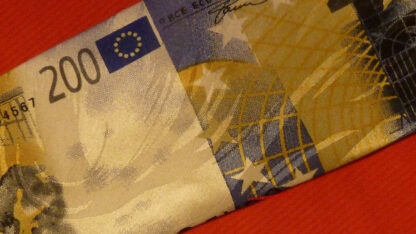 Cravatta con banconote da 200 euro colore blu e giallo