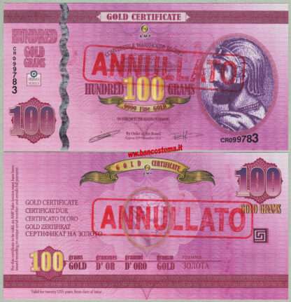 Cyprus 100 grams gold certificate 10.11.2011 cancelled  unc