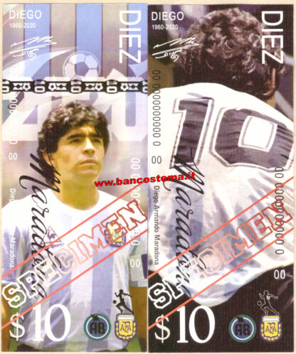 Diego Armando Maradona 10 dollars 2020 carta unc