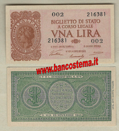 Italia A17 P29a FDS serie 002 - 1 lira "Italia Laureata"