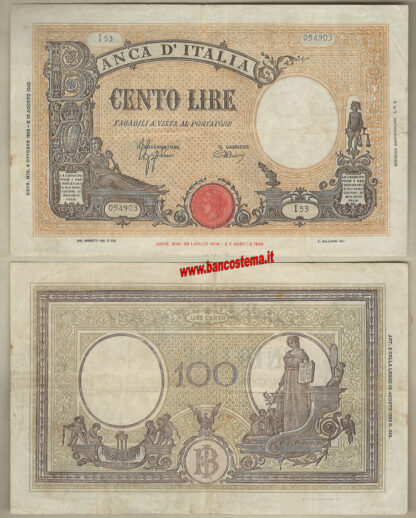 Italia A375 P67a - 100 Lire "100 lire Grande B" 08/10/1943 bb/spl - Repubblica Sociale