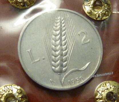 Moneta Italiana 2 lire "Spiga" Repubblica Italiana 1950 FDS RETRO