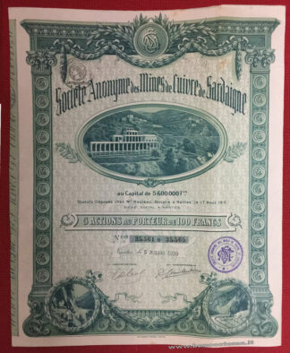 Societè Anonyme des Mines de Cuivre de Sardaigne 100 francs 1919 - 5 azioni
