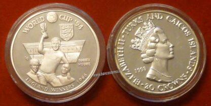 Turks and Caicos Islands Km100 20 Crowns 1993 silver proof Bobby Moore