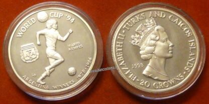 Turks and Caicos Islands KM101 20 Crowns 1993 silver proof world cup 94 Mario Kempes
