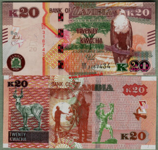 Zambia_flag Banconota Zambia 20 Kwacha 2020 unc colore arancio e marrone - Aquila pescatrice, albero - Antilope Black Lechwe, operai, Monumento alla Libertà (Lusaka) - codice prodotto P/09075_B