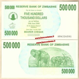 Banconota Zimbabwe Zimbabwe P51 500.000 Dollars 30.06.2008 redemption date 01.0.2007 unc