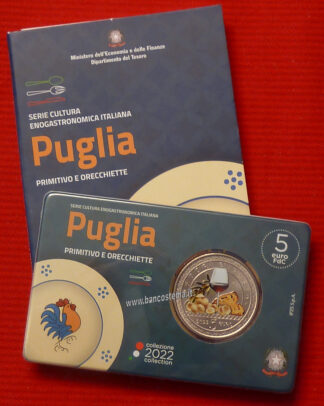 Italia-5-euro-commemorativa-Primitivo-e-orecchiette-di-Puglia-2022-FDC-coincard-color-