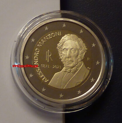 Italia 2 euro commemorativo 2023 150° Anniversario della scomparsa di Alessandro Manzoni proof ( dettaglio moneta fronte