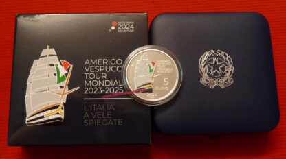 Italia 5 euro commemorativo 2024 Amerigo Vespucci tour mondiale 2023/2025 argento proof color